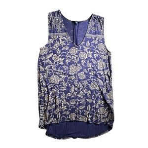 Lucky Brand V Neck Cream Floral Pattern Blouse Navy Blue Size XS